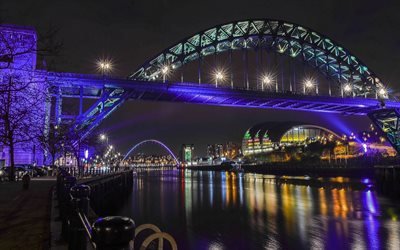 Ночь Набережная, Мост через реку Тайм, Ньюкасл - апон - Тайм, Англия, Newcastle upon Tyne, England