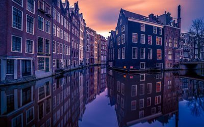 Амстердам, дома, каналы, вечерний город, Голландия, Нидерланды