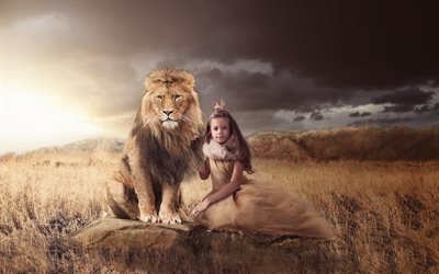 девочка, корона, принцесса, королева, животное, хищник, лев, природа, трава, камни, тучи
