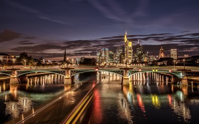 река, Майн, Main River, здания, огни, город, Франкфурт-на-Майне, Германия, Germany, мост, Frankfurt am Main