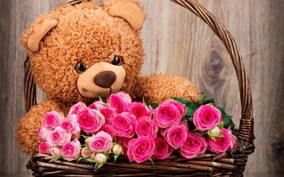 плюшевый медведь, розовые розы, подарок, плюшевые игрушки, медвежонок