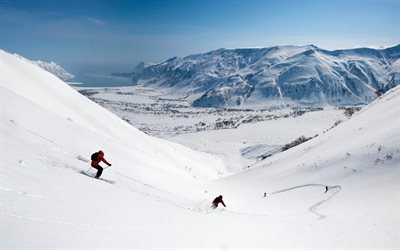 долина, slopes, снег, горы, спуск, склоны, skiers, down, лыжники, mountains, valley, snow
