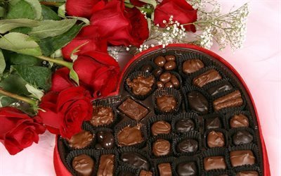 конфеты, подарок, шоколад, розы, вкусно, сладость