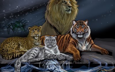 тигр, лев, снежный барс, тигр, вода, волны