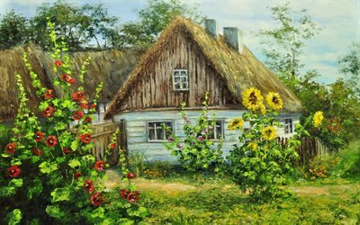 дом, деревня, цветы