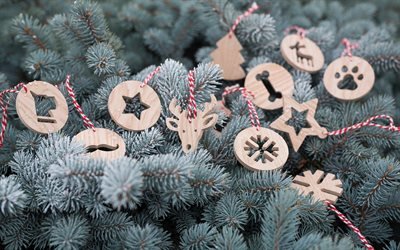 Новый Год, Ёлка, Деревянные игрушки, New Year, Christmas tree, Wooden christmas decorations