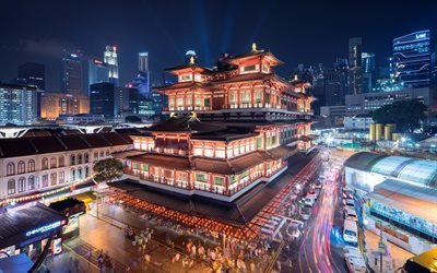 Сингапур, храм, ночной город, музей, ночь, Азия