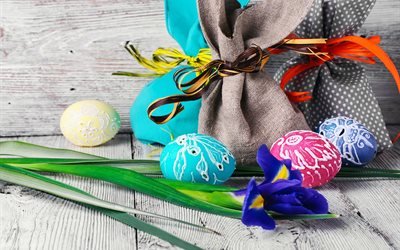 Пасха, Easter, праздник, доски, яйца, декор, цветок, ирис, мешки