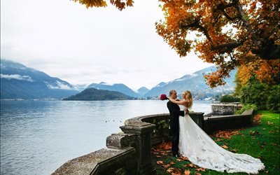 люди, жених, невеста, пара, свадьба, природа, осень, озеро, вода