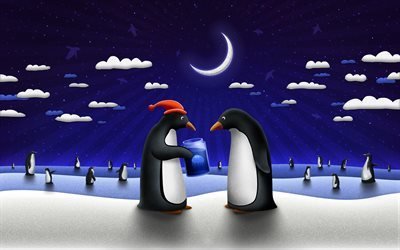 Новый год, пингвины, зима, Рождество