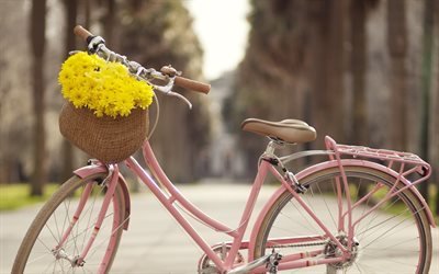 розовый велосипед, велосипед с цветами, корзина с цветами, желтые цветы