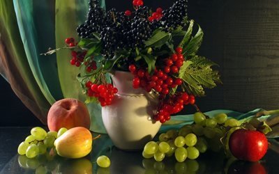 натюрморт, ваза, ветки, ягоды, калина, виноград, фрукты, яблоки, персик, ткань