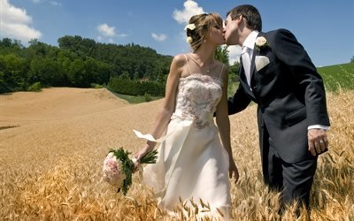 люди, жених, невеста, пара, свадьба, природа, поле, колосья, букет, цветы