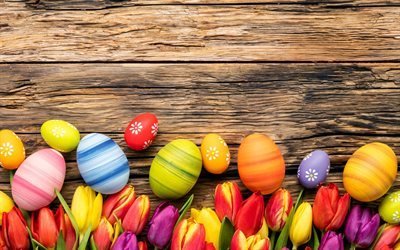 Пасха, пасхальные яйца, деревяный фон, тюльпаны, Easter