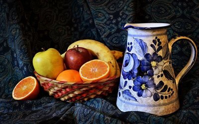 Натюрморт с фруктами, Кувшин, Корзина, Яблоки, Апельсины