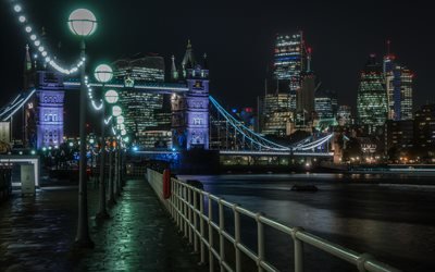 Ночь, Набережная, Темза, Тауэрский мост, Лондон
