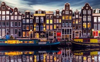 Амстердам, дома, баржа, канал, Нидерланды, Голландия