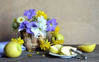 кашпо, цветы, тарелка, яблоки, нож, лепестки