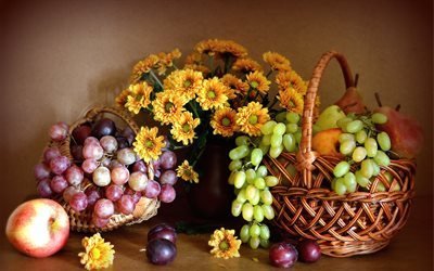 корзины, фрукты, ягоды, виноград, сливы, груши, персик, цветы