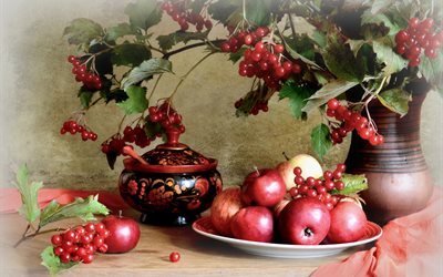 натюрморт, ваза, ветки, калина, ягоды, тарелка, фрукты, яблоки