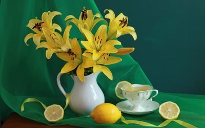 натюрморт, занавеска, кувшин, цветы, фрукты, лимон, чай, лилии, чашка, лента