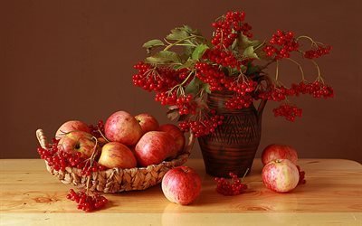 натюрморт, стол, корзина, фрукты, яблоки, кувшин, ветки, калина, ягоды