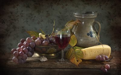 натюрморт, столик, тарелка, сыр, ваза, ягоды, виноград, кувшин, бокал, вино, листья, птичка