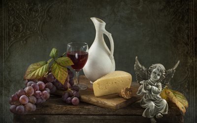 натюрморт, столик, доска, ягоды, виноград, гроздь, сыр, кувшин, бокал, вино, листья, ракушка, фигурка, ангел