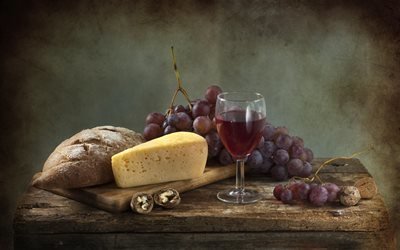 натюрморт, столик, доска, хлеб, сыр, ягоды, виноград, орехи, бокал, вино