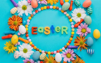 Пасхальные яйца, декорация, весна, 2018, синий фон, Пасха, Великодні яйця, декорація, синій фон