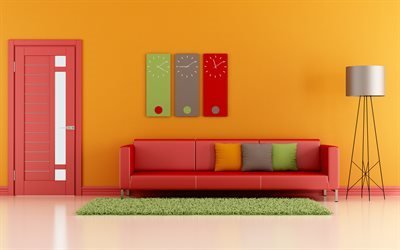 Интерьер гостиной в современном стиле, красный диван, подушки, торшер