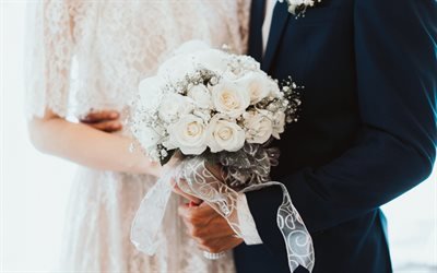 свадебный букет, белые розы, жених и невеста, белое свадебное платье, свадьба, весільний букет, білі троянди, наречений і наречена, біле весільне плаття, весілля