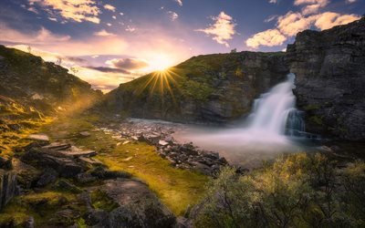 водопад, закат, горы, Рондане, Норвегия, Norway, Rondane National Park