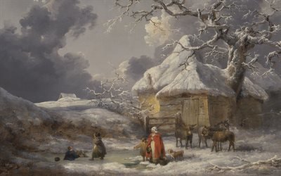 Джордж Морланд, George Morland, English painter, английский художник, 1785, A Fall on the Ice, Падение на льду