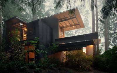 Деревянный домик в сосновом лесу, Пьюджет - Саунд, штат Вашингтон, Cabin at Longbranch, Puget Sound, Washington state
