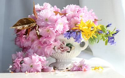 ваза, цветы, ветка, сакура, гиацинты