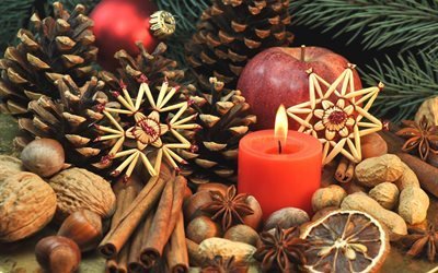 праздник, новый год, рождество, ветки, ёлка, игрушки, шар, звёзды, шишки, специи, пряности, свеча
