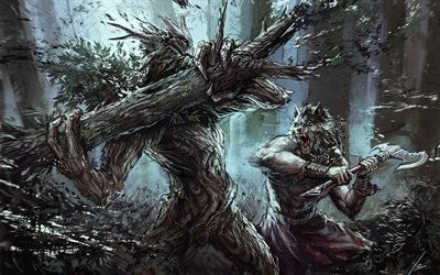 Вервольф, бой, монстр, лес, werewolf