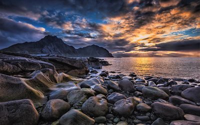 Закат, Камни, Прибой, Норвежское море, Лофотенские острова, Норвегия, Lofoten, Norway